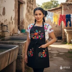 Mexican Embroidered Bib Apron for Women – Multicolor with Floral Design 20X30in